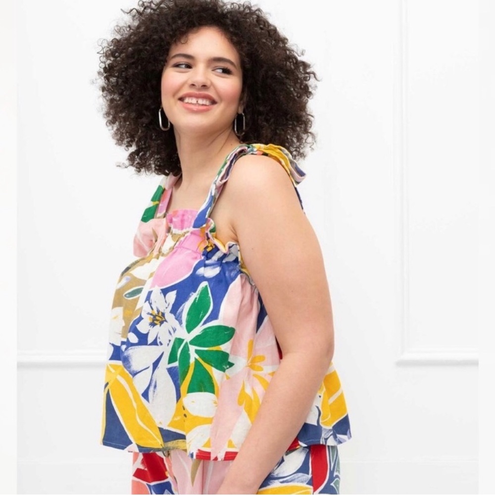 ELOQUII Elements Plus Size Paradiso Print Tie-Shoulder Linen Tank Top Sz 22 NWT
